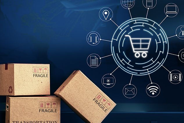 boxes with digital shopping cart graphics