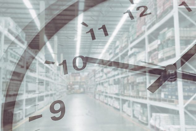clock superimposed over inside of warehouse