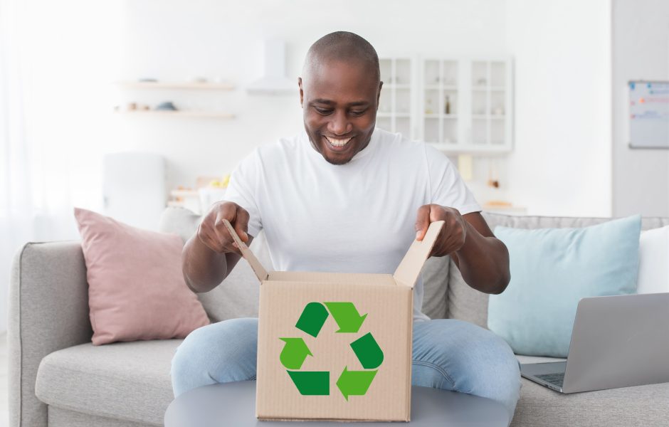 smiling man opening a box made from recycled cardboard