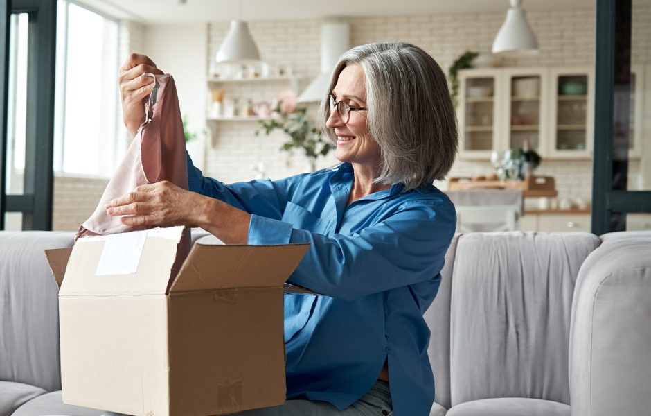 happy woman opening a package in her home