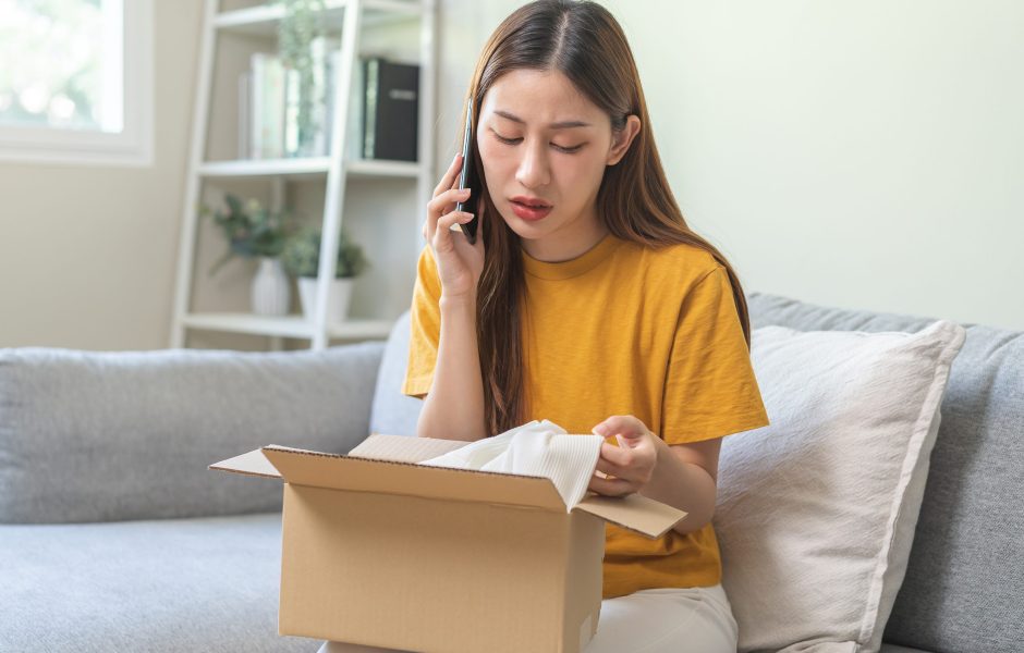 woman looking inside open package while calling on cell phone