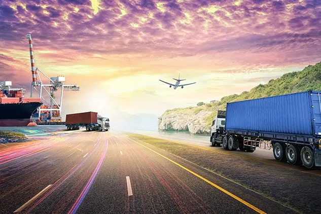 picture of a truck a plane and a ship carrying consumer goods